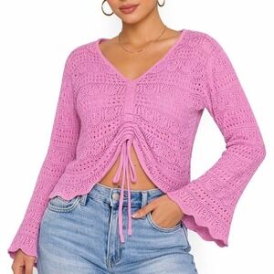 Rose Red Pink Crochet Knit Sweater XL Bell Sleeve Ruched Pointelle Over Sized